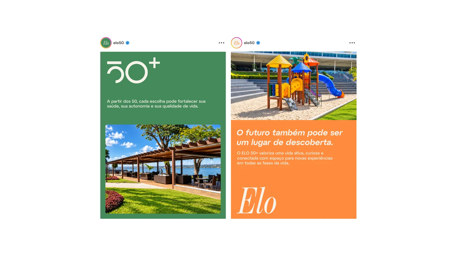 Duas publicações de redes sociais com conteúdos sobre bem-estar, descoberta e vitalidade para o Elo 50+