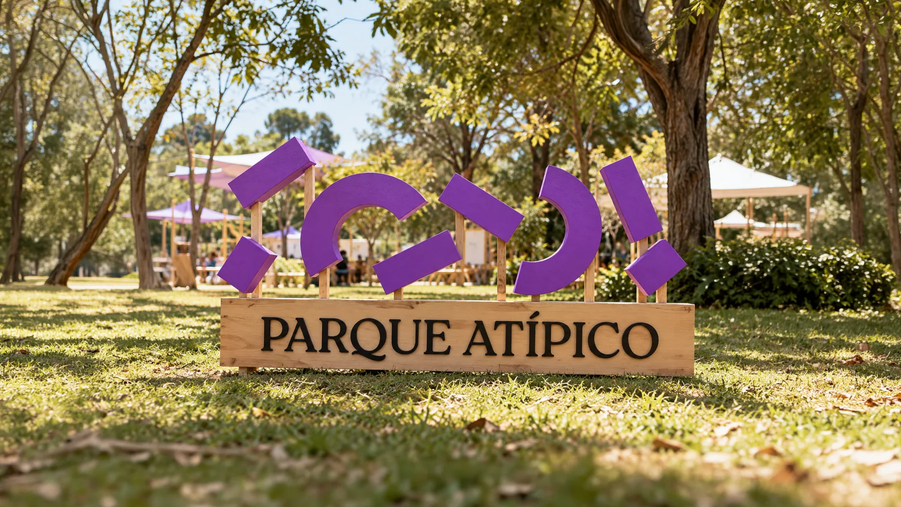 Placa de madeira Parque Atípico instalada em uma área verde com estruturas roxas de sinalização