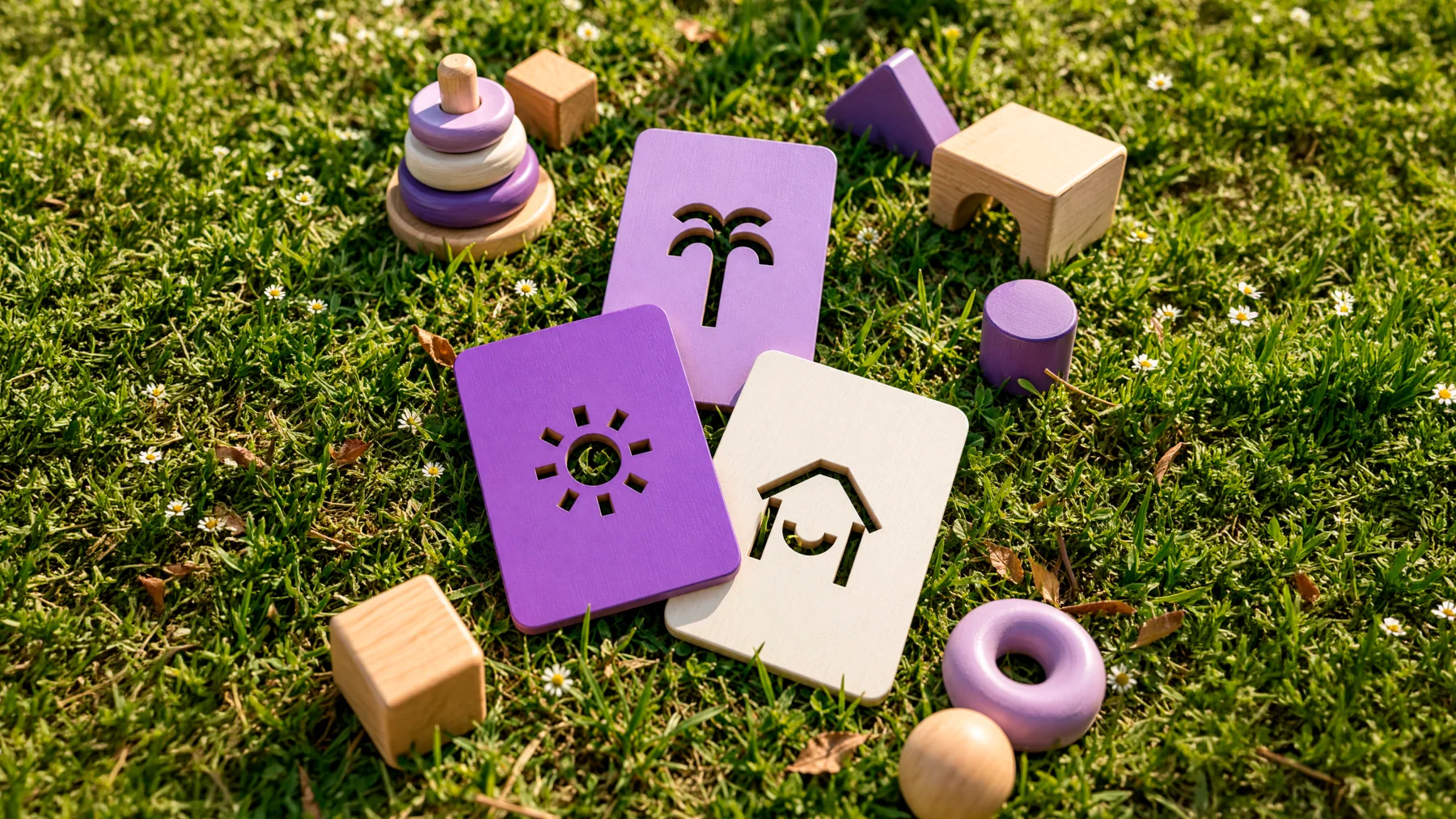 Cartas de madeira com símbolos geométricos recortados e brinquedos em tons de roxo apoiados na grama