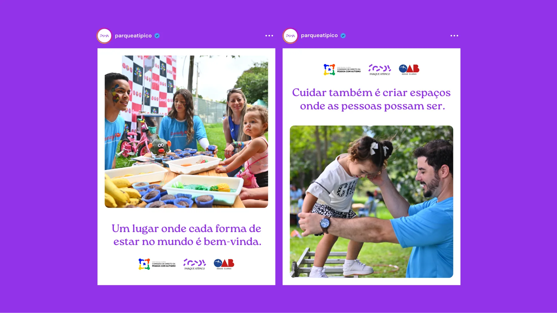 Exemplos de peças de comunicação do Parque Atípico, em roxo e branco, apresentando mensagens de inclusão