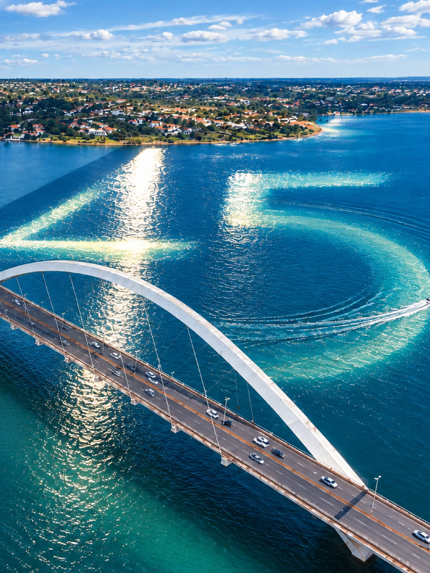 Composição gráfica sobre vista aérea da Ponte JK e Lago Paranoá
