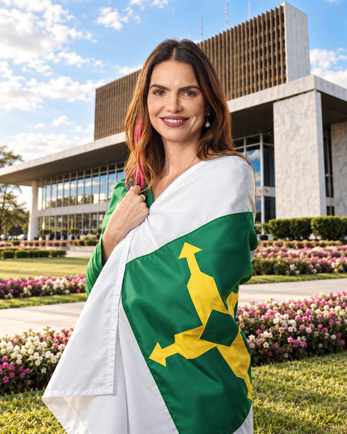 Retrato de campanha com bandeira do Distrito Federal e edifício institucional ao fundo