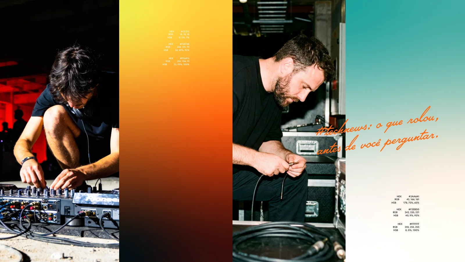 Composição editorial com fotografia de DJs, campos de cor e textos Techneiras