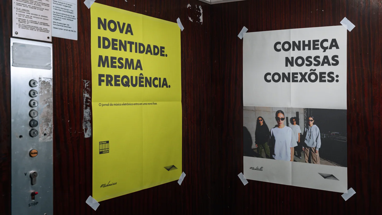 Cartazes de divulgação em ambientes urbanos, com tipografia expressiva e cores vibrantes